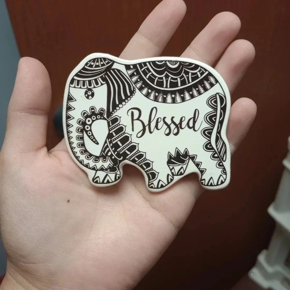 Blessed Bohemian style mandala black white enamel elephant magnet decor home sig